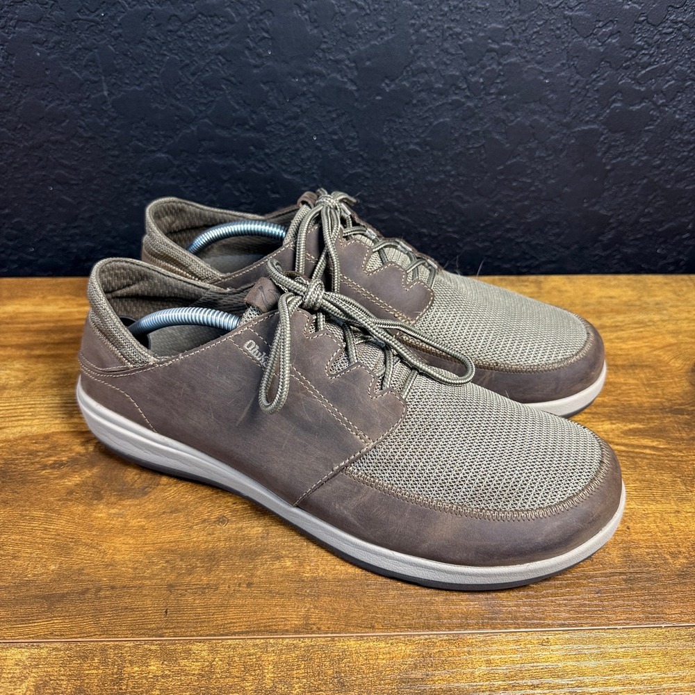 OluKai Makia Lace 10362-1028 Dark Wood Leather Mesh Sneakers Mens Size 11
